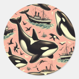 Cute Vintage Orca Mönster Runt Klistermärke