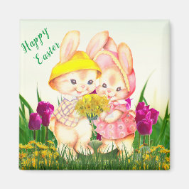 Cute Vintage Påskhare Rabbit och Tulip Flowers Magnet