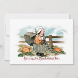 Cute Vintage Pilgrim Girl with Pumpkins Julkort