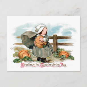 Cute Vintage Pilgrim Girl with Pumpkins Vykort