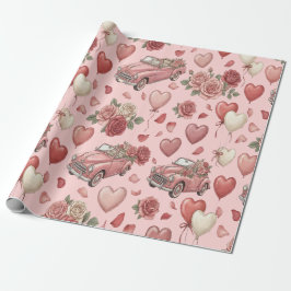 Cute Vintage Pink Car & Heart Balloons Pattern Presentpapper