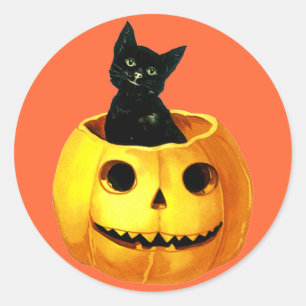 Cute Vintage Pumpkin & Black Cat för Halloween-Rol Runt Klistermärke