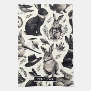Cute Vintage Rabbit Mönster Kökshandduk