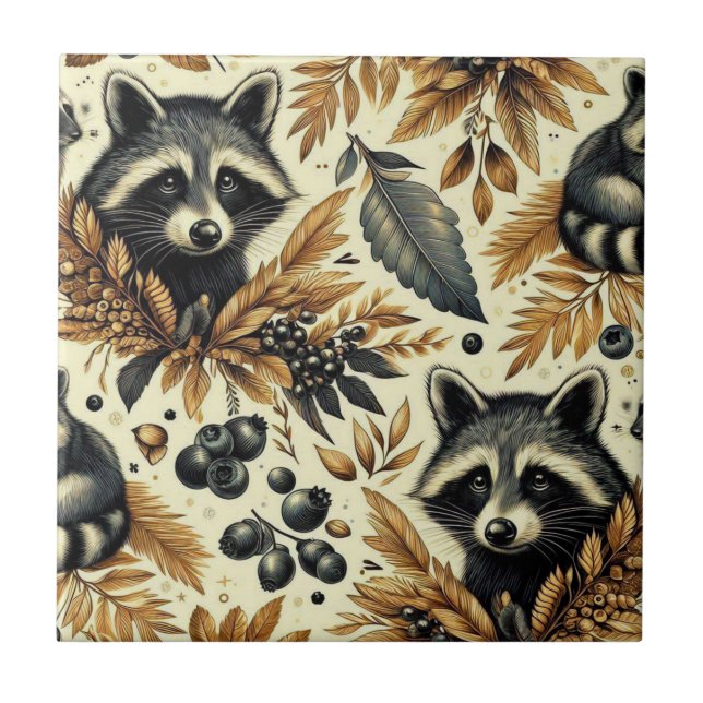 Cute Vintage Racoon Mönster Kakelplatta (Framsidan)