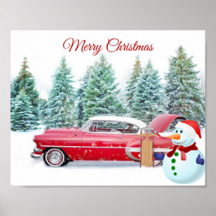 Cute, Vintage, Red Car, Snögubbe, jul Poster