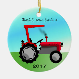 Cute Vintage Red Farm Tractor Julgransprydnad Keramik