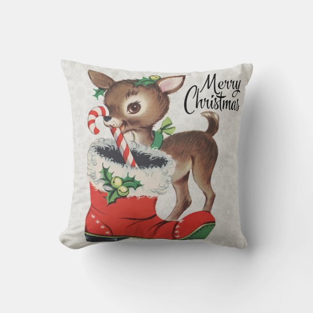 Cute Vintage Reindeer med Candy cane Pillow Kudde (Framsida)
