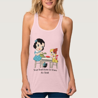 Cute Vintage Retro Girl and Kitsch Puppy Hund Linne Med Racerback