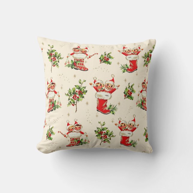 Cute Vintage Retro Jul Red Grönt Elves Kudde (Framsida)