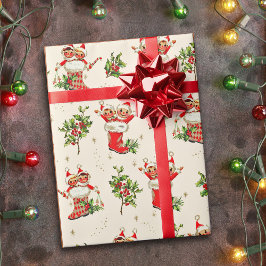 Cute Vintage Retro Jul Red Grönt Elves Presentpapper