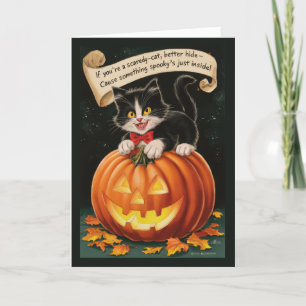 Cute Vintage Scaredy Cat och Pumpkin Halloween Helgkort