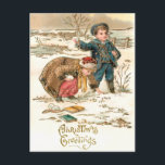 Cute Vintage Schoolchildren i Snö Vykort<br><div class="desc">Cute vintage-pojken och tjejen ljög ner bokar i skolan för att få en snöbollsmatch. Guld högdagrar och julhälsningar med återställda vintagar. Baksidan har kompletterande grafik och redigerbar fält.</div>