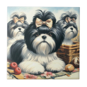 Cute Vintage Shih-Tzu-målning Kakelplatta