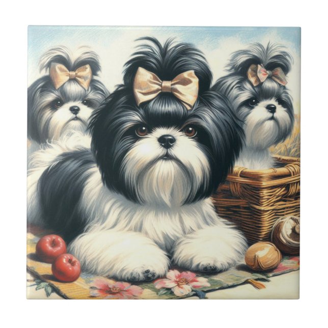Cute Vintage Shih-Tzu-målning Kakelplatta (Framsidan)