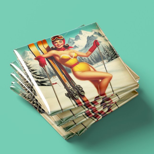 Cute Vintage Ski Pin Up Magnet (Skapare uppladdad)