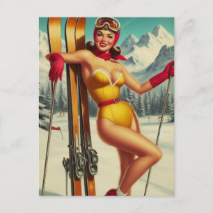 Cute Vintage Ski Pin Up Vykort
