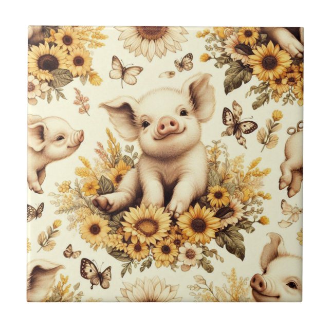 Cute Vintage Solros Gris Mönster Kakelplatta (Framsidan)
