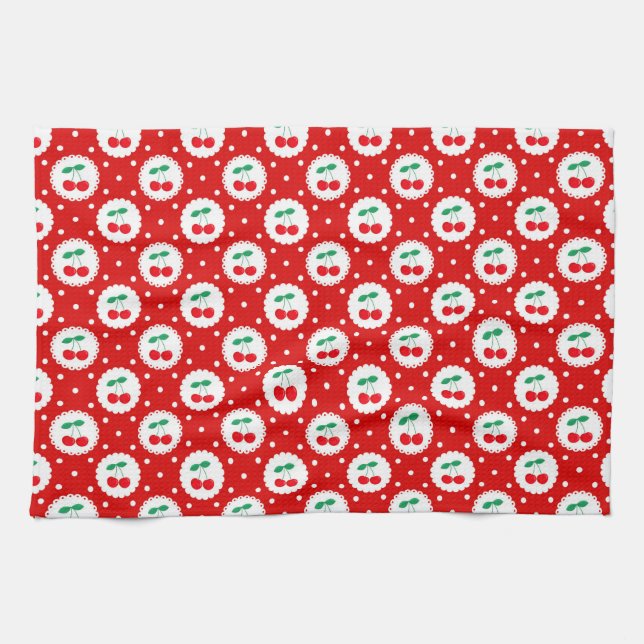 Cute Vintage, sommarkörsbär på Bright Red Kökshandduk (Horisontell)