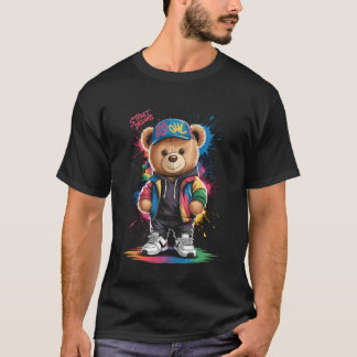 cute vintage teddybear in street wear splash colou t shirt