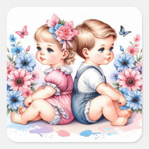 Cute Vintage-Twillingar Boy and Girl Fyrkantigt Klistermärke
