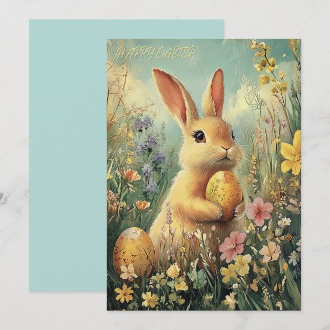 Cute Vintage Vår Bunny Påsk Card Julkort (Fram/baksida)