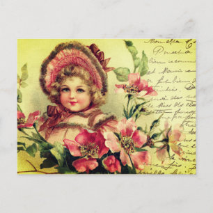 Cute Vintage Victorian Rosa Girl Flowers Vykort