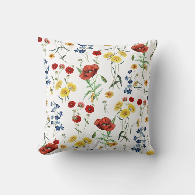 Cute Vintage Vild Flowers Poppy Daisy Mönster Kudde (Framsida)