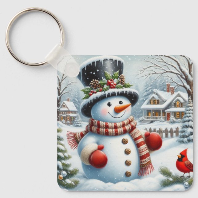 Cute, Vintage/Whimistisk jul/vintertid snögubbe Nyckelring (Framsida)