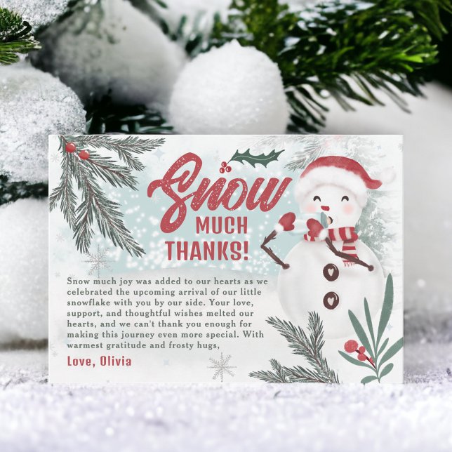 Cute vinterdusch för gräs-isbabyduschen snögubbe tack kort (Cute winter green pine ice snowman baby shower thank you card)