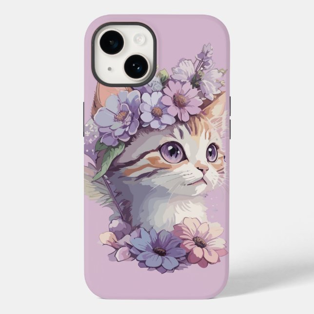 Cute Violet Watercolor Cat med Flora (Baksida)