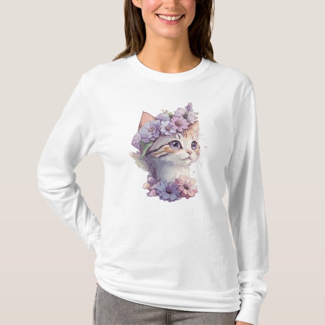 Cute Violet Watercolor Cat med Flora T Shirt (Framsida)