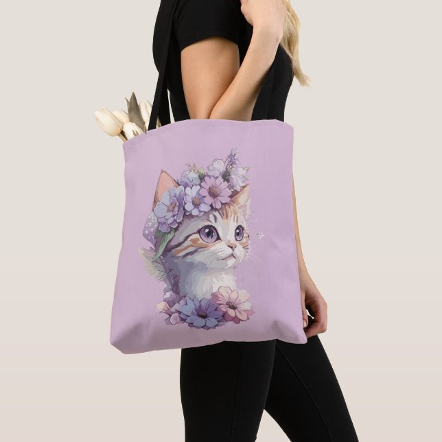 Cute Violet Watercolor Cat med Flora Tygkasse (Närbild)