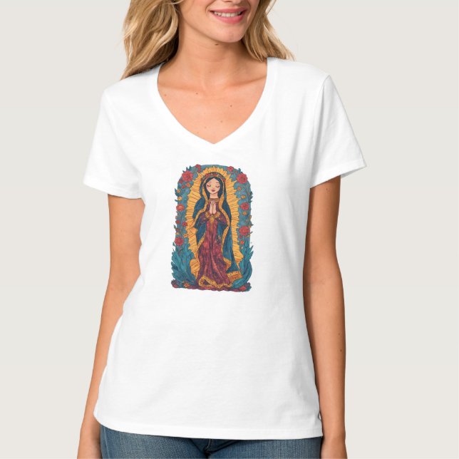 Cute Virgin of Guadalupe Women's V-Neck Tee Shirt (Framsida)