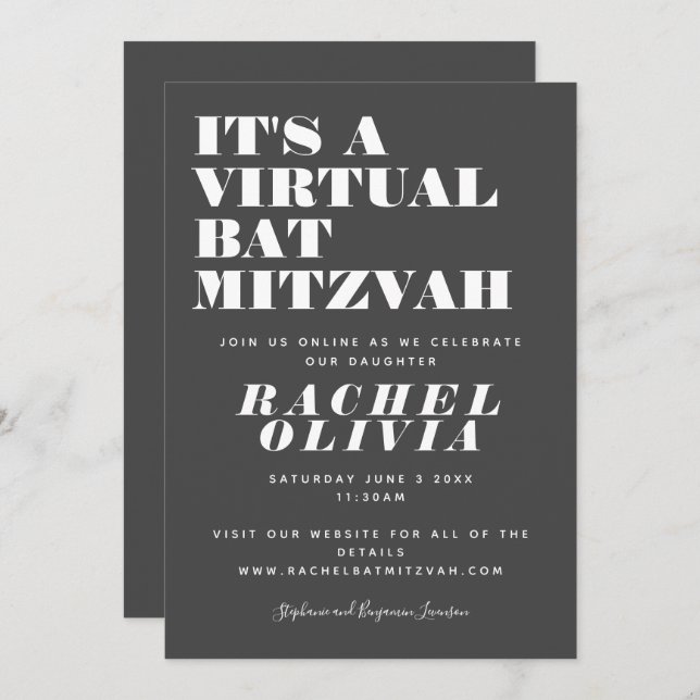 Cute Virtuell Online, Bat mitzvah svartvitt Inbjudningar (Fram/baksida)