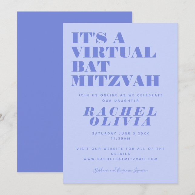 Cute Virtuell Online Lavender Bat mitzvah Inbjudningar (Fram/baksida)