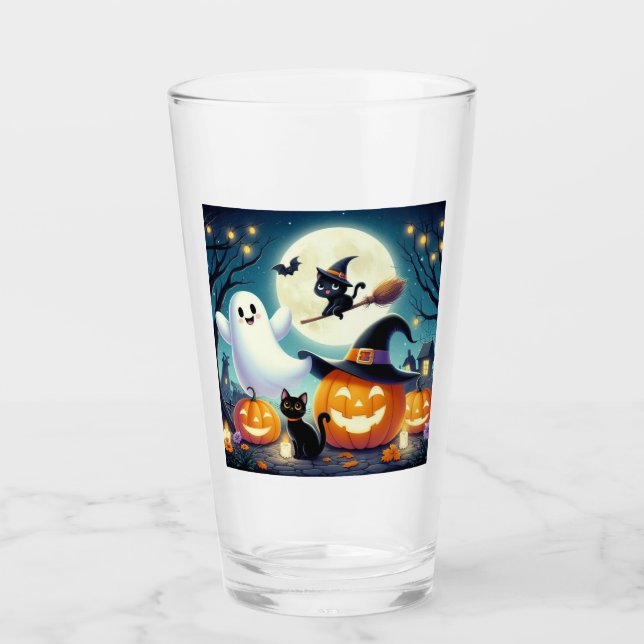 Cute, vismisk Halloween-pumpa, katt och spöke Glaskopp (Framsida)