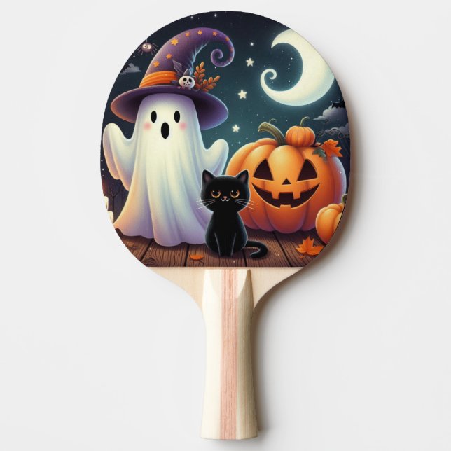 Cute, vismisk Halloween-pumpa, katt och spöke Pingisracket (Framsidan)