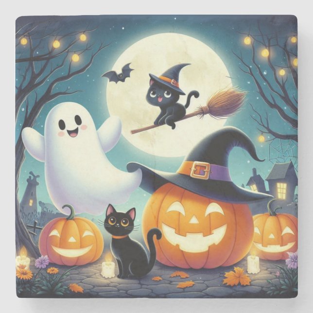Cute, vismisk Halloween-pumpa, katt och spöke Stenunderlägg (Framsidan)