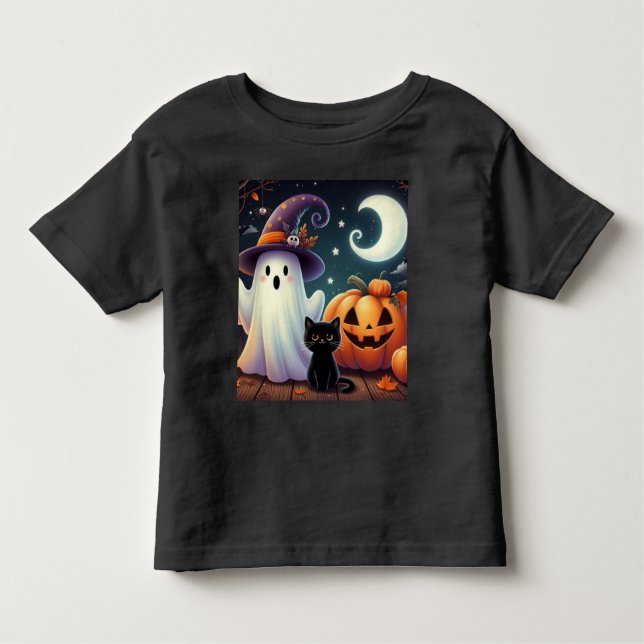 Cute, vismisk Halloween-pumpa, katt och spöke T Shirt (Framsida)