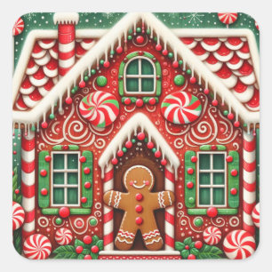 Cute, vismisk pepparkaksgubbe och hus fyrkantigt klistermärke