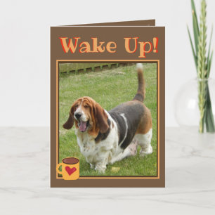 Cute Wake Up Birday Card W/Coffee & Basset Hound Kort