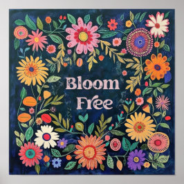 Cute Wall Art for Girls - Blå Blommigt Folk Flower Poster