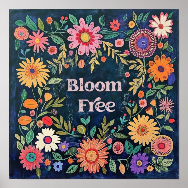 Cute Wall Art for Girls - Blå Blommigt Folk Flower Poster (Framsidan)