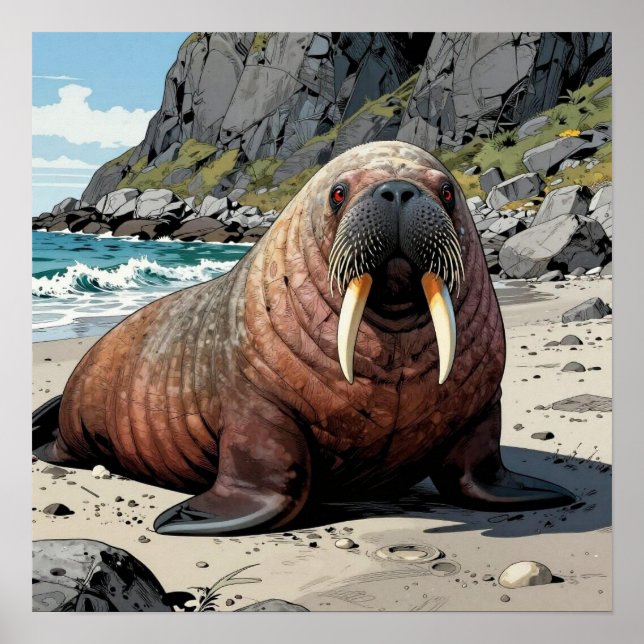 Cute Walrus on a Sandy Beach  Poster (Framsidan)