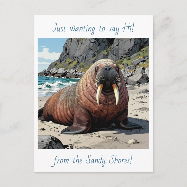 Cute Walrus on a Sandy Beach | Saying Hello Vykort (Framsida)