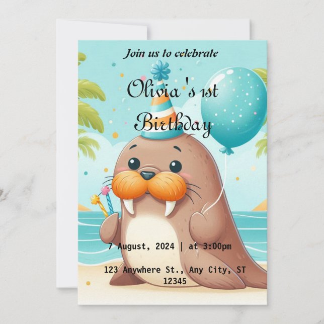 Cute Walrus Thated 1:a Birthday Inbjudan (Framsida)