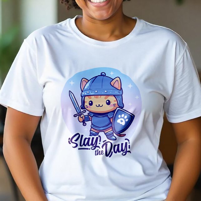 Cute Warrior Cat - Slay Day T Shirt (Bring fierce cuteness to life with this bold and whimsical warrior cat design 🐱⚔️)