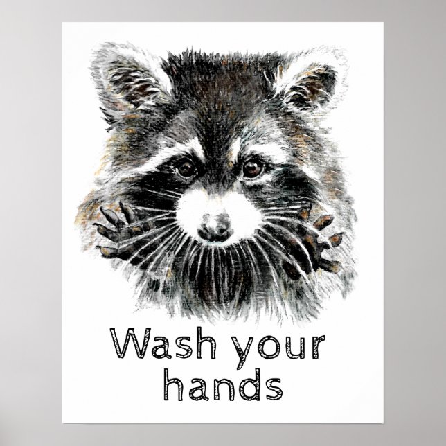 Cute Washroom Tvättar Händer Raccoon Animal Art Poster (Framsidan)
