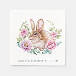 Cute Watecolor Bunny och Rosa Flowers Baby Shower Pappersservett