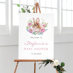 Cute Watecolor Bunny och Rosa Flowers Baby Shower Poster
